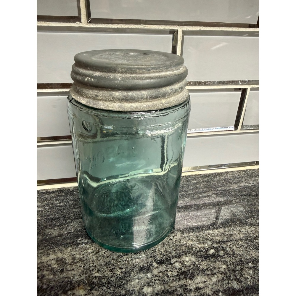 Vintage Ball Mason Jar Aqua Blue Glass Canning Jar with Lid Mold E Pint Size - Picture 2 of 5